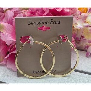 Gold Tone Hoop Earrings 45mm Hinged Hypoallergenic Sensitive Ears